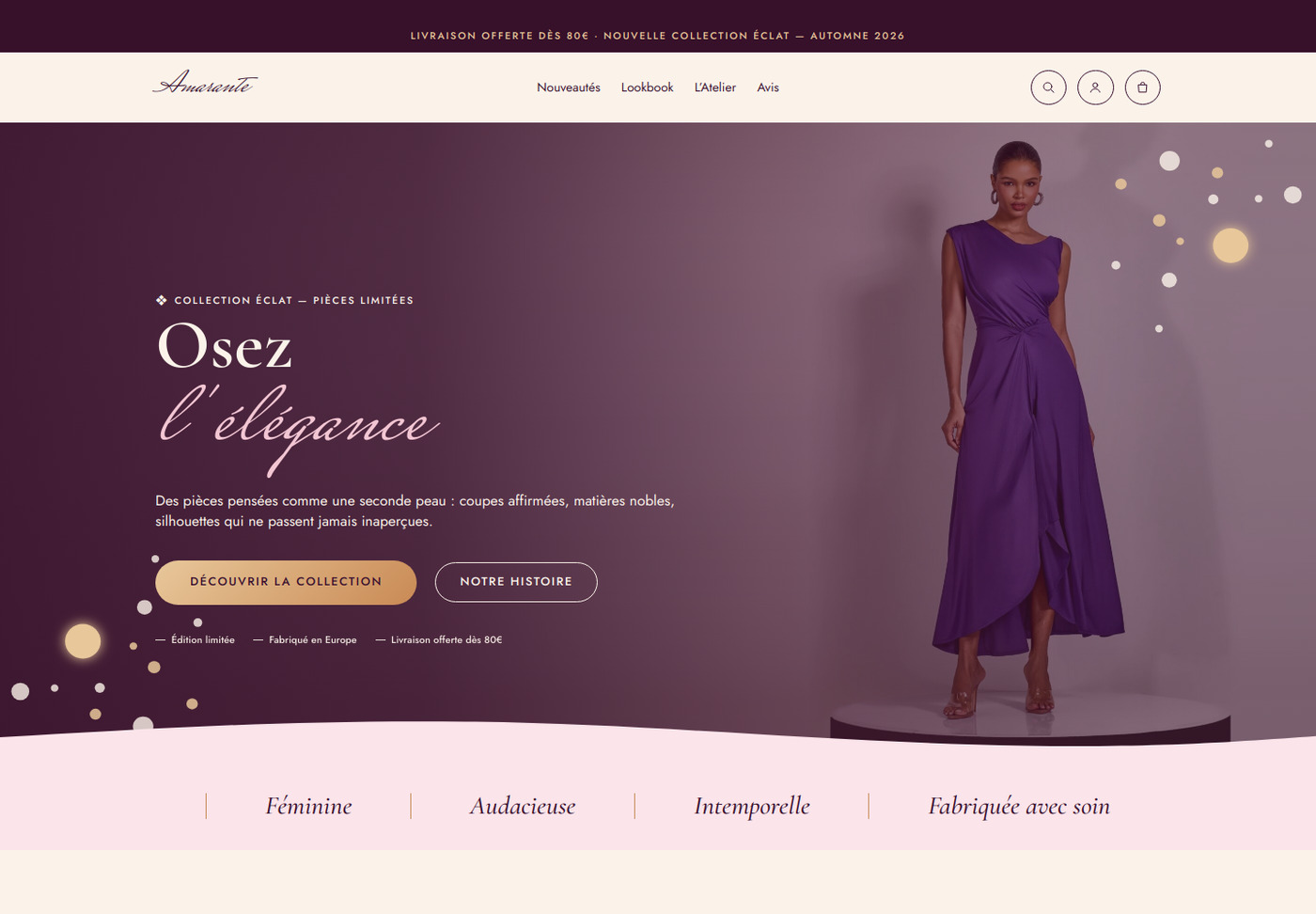 Page d'accueil de la boutique en ligne Amarante, bijoux et prêt-à-porter