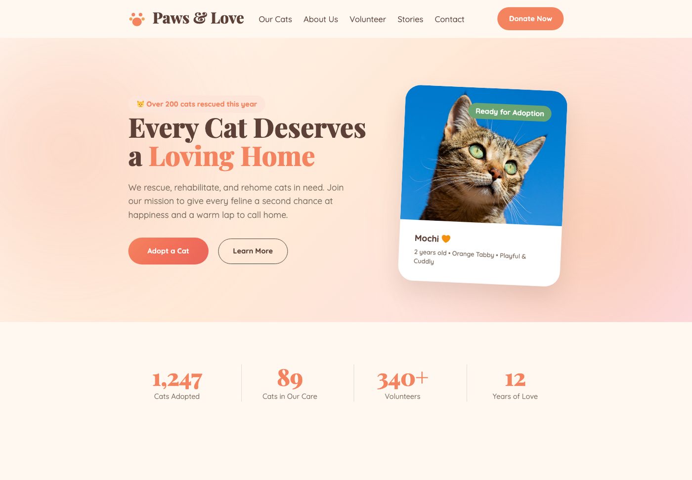Page d'accueil du site Paws & Love, association de protection des chats